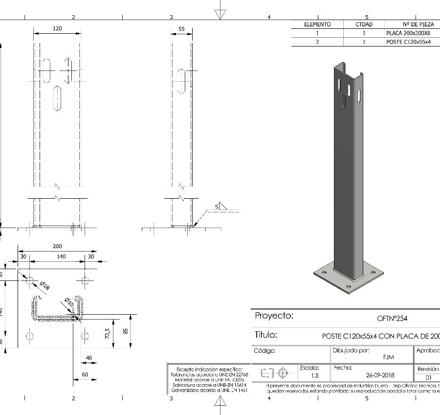 Plano Poste C120x55x4 Con Placa De 200x200x8
